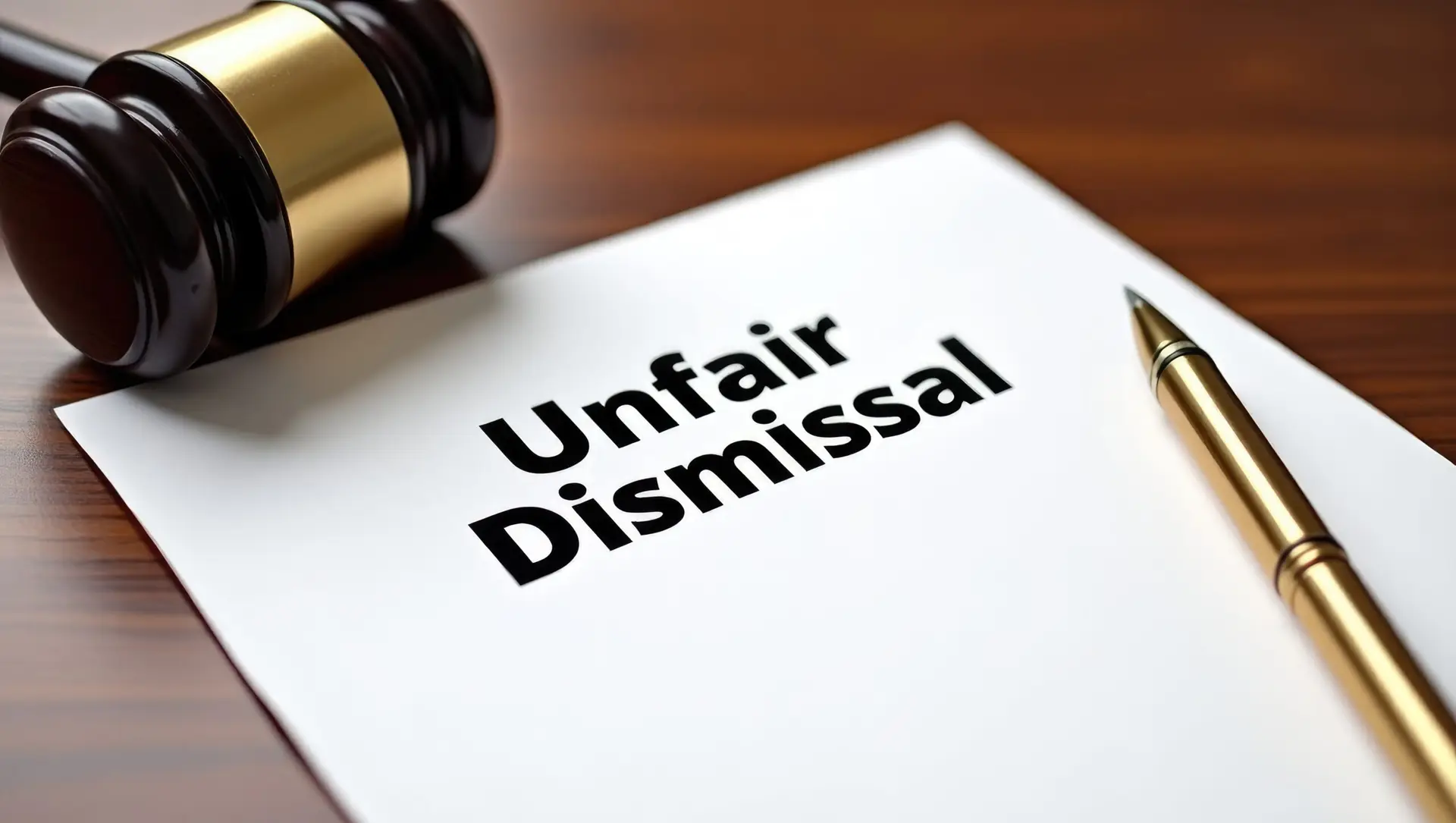 Documents Relating to Unfair Dismissal Featuring a Gavel and Pen on a Wooden Desk Inside a Courtroom