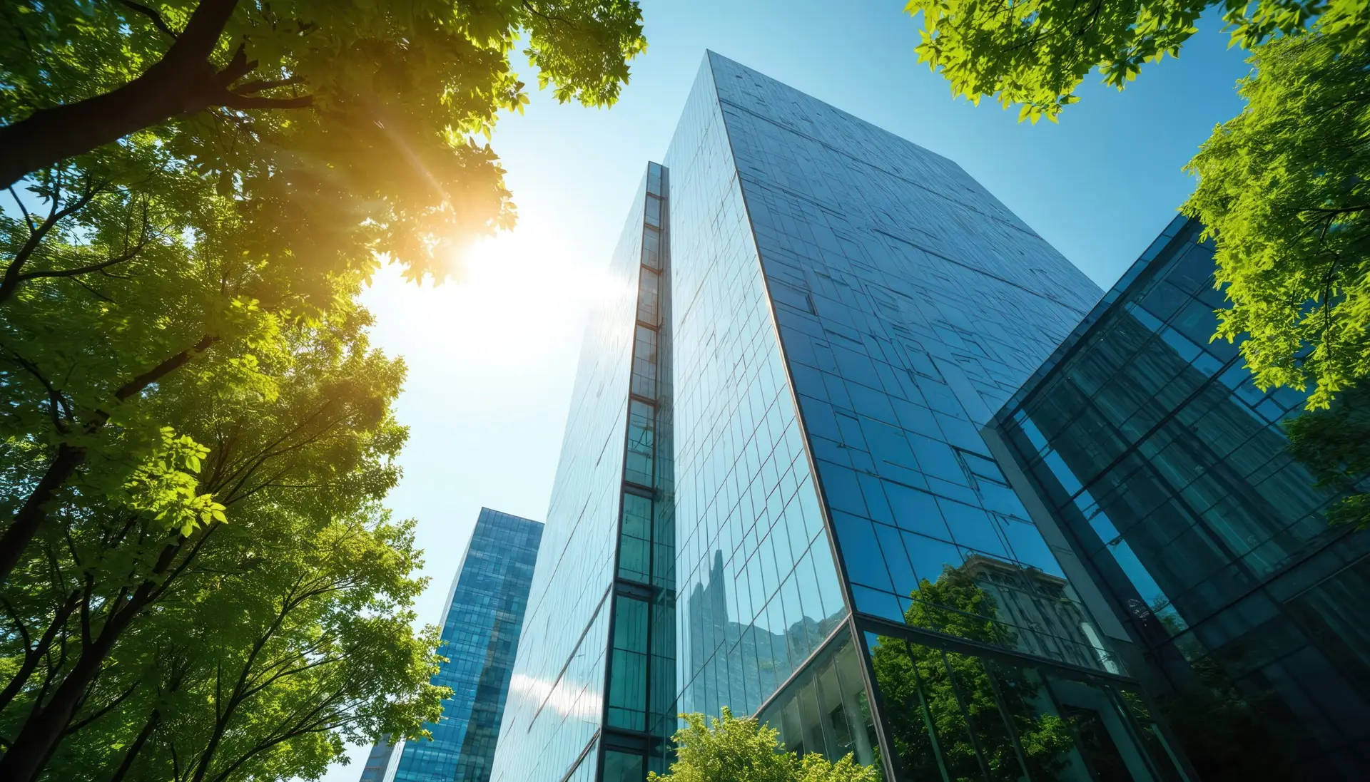 Modern eco-friendly glass office building stands in city. Blue sky, green trees with sun shining. Sustainable urban architecture concept. Business building, office space, glass windows.