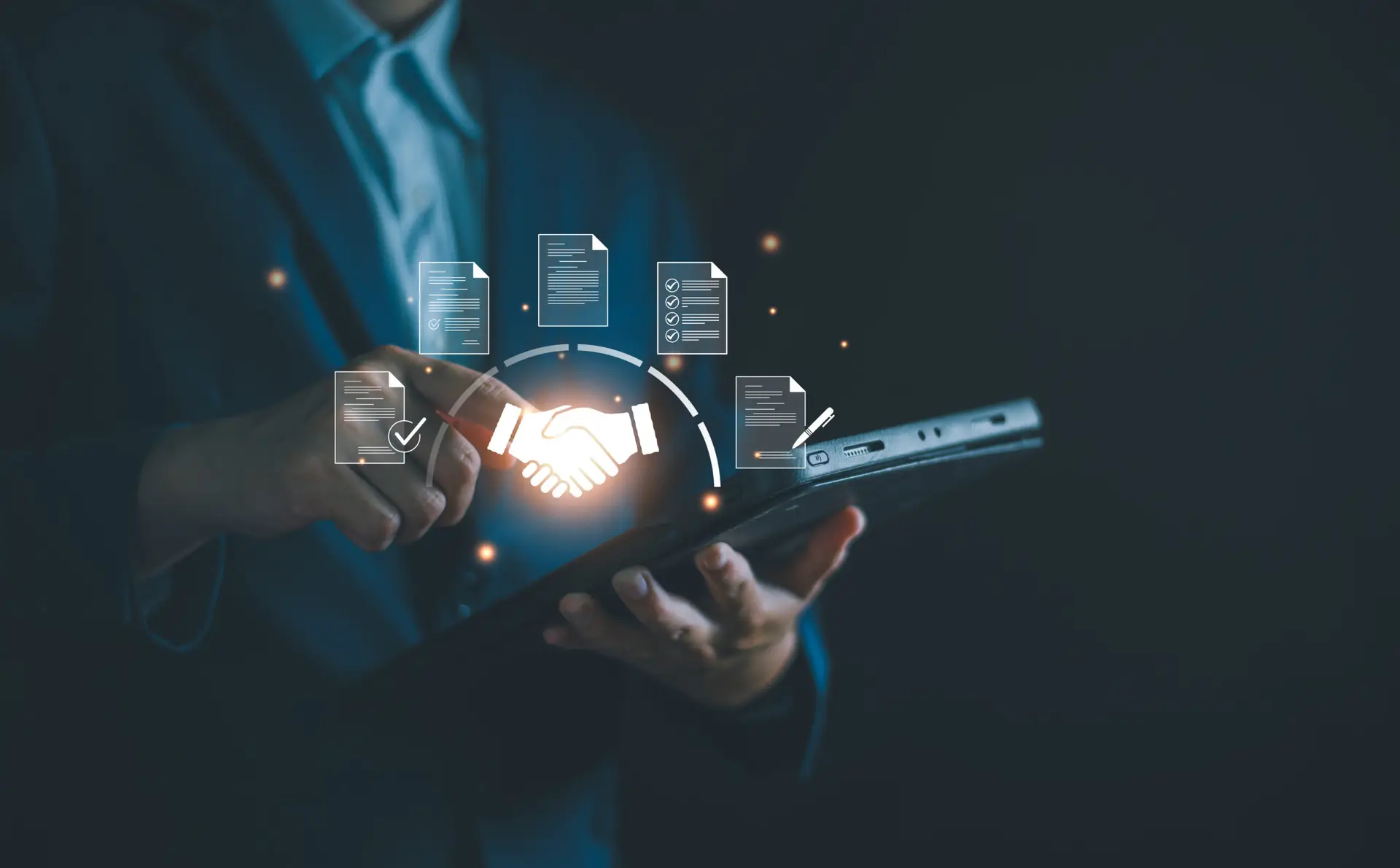 Businessman manage digital procurement process with business contract, invoice, approval documents, representing B2B sourcing, vendor management, supply chain, e-procurement.