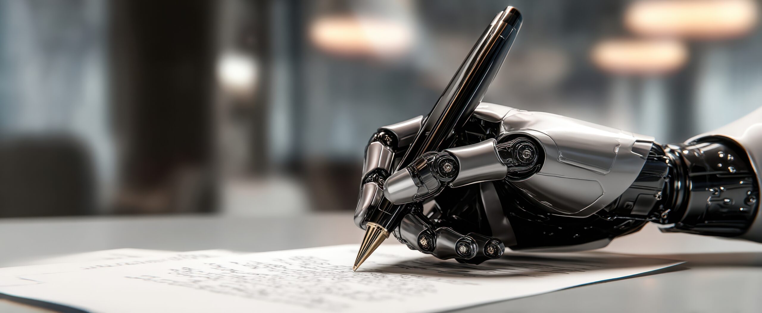 The robotic hand writing on a document in a modern office setting.