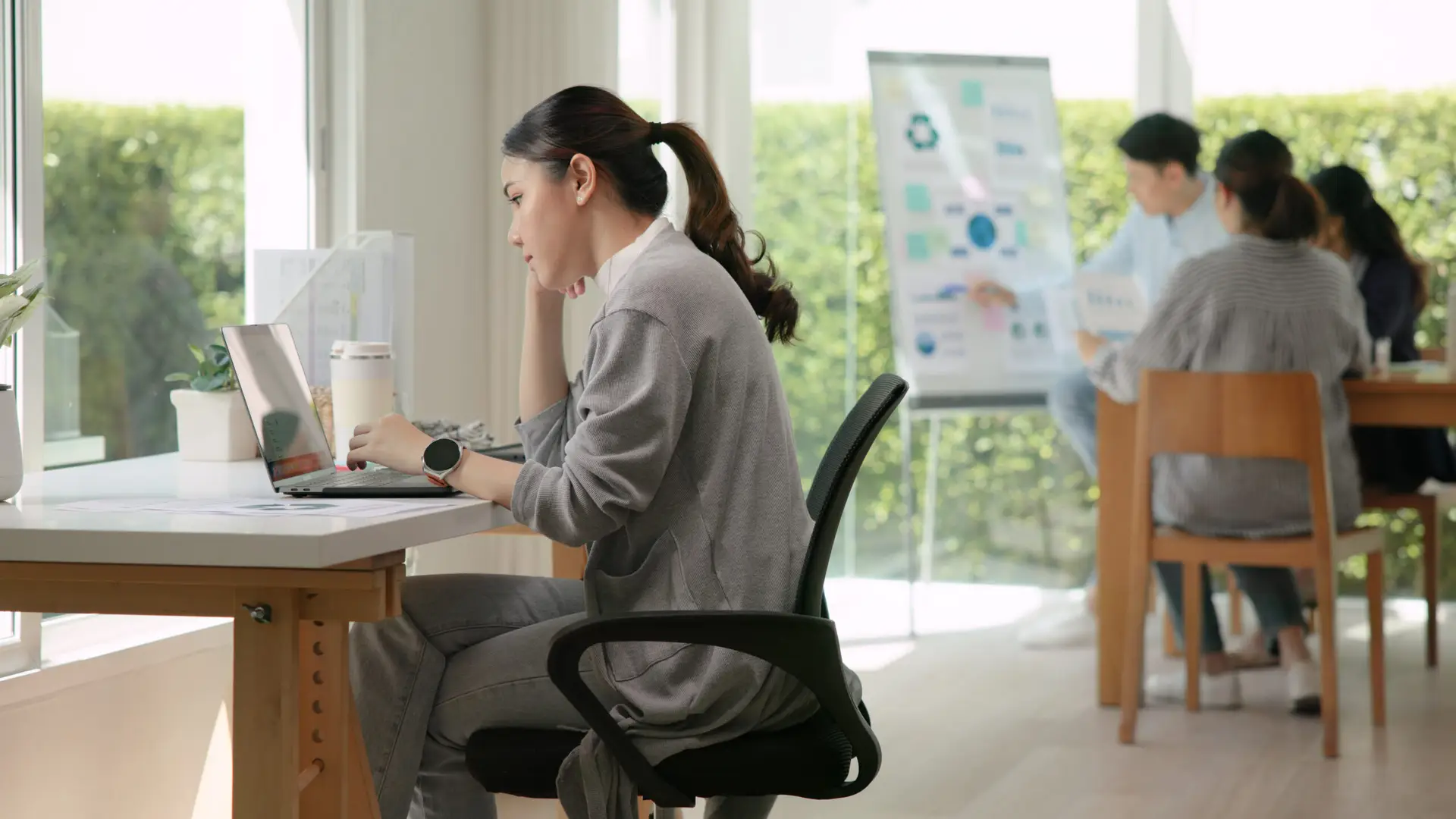 Asia people young adult woman bad day work hard bored data tired at office desk workplace think worry job tough stress asian workforce issue. Mid life crisis mental health illness sad labor effort.