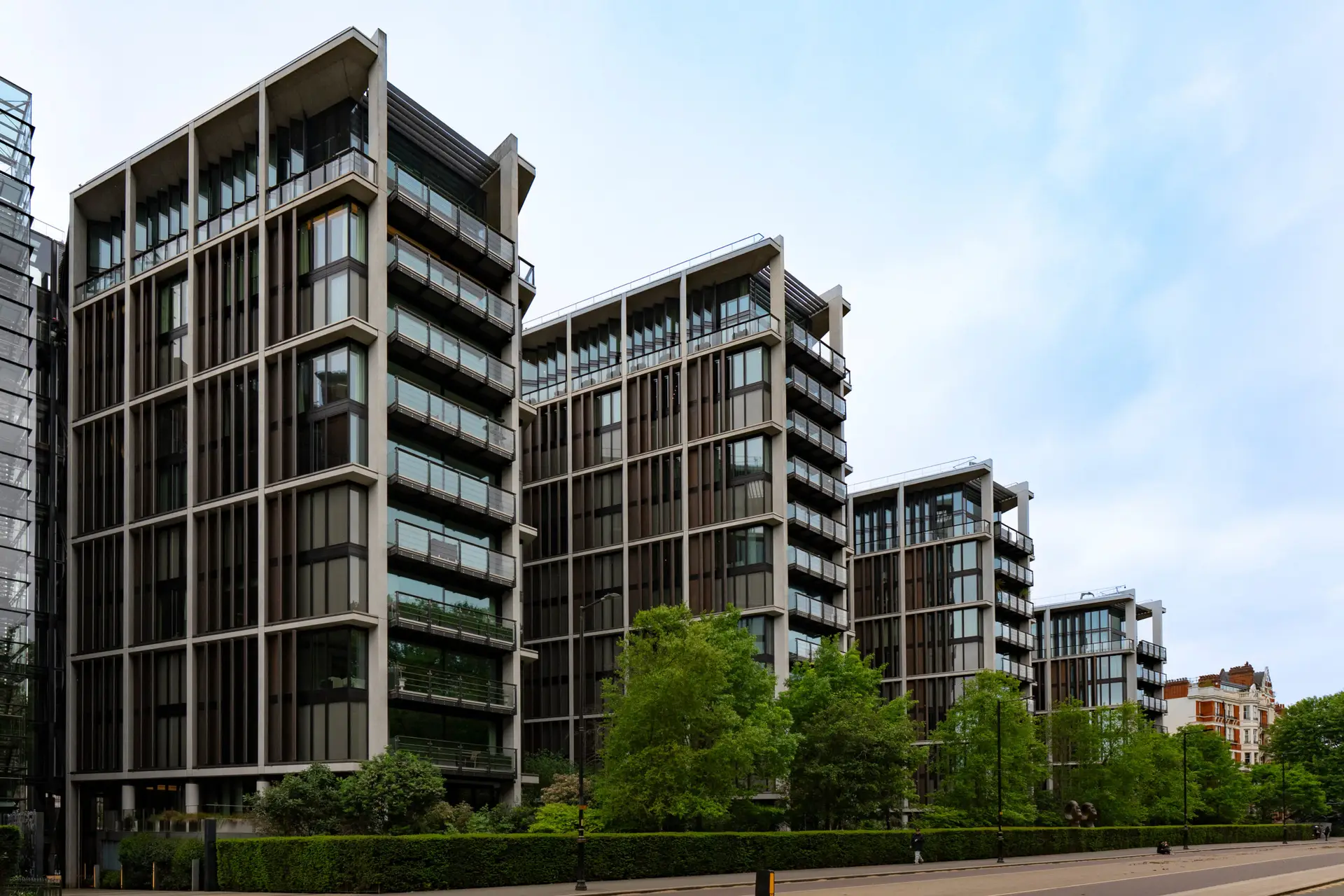 London, United Kingdom - 15 May 2025: Luxury modern residential architecture: exclusive high-rise apartments in 
Kensington Road