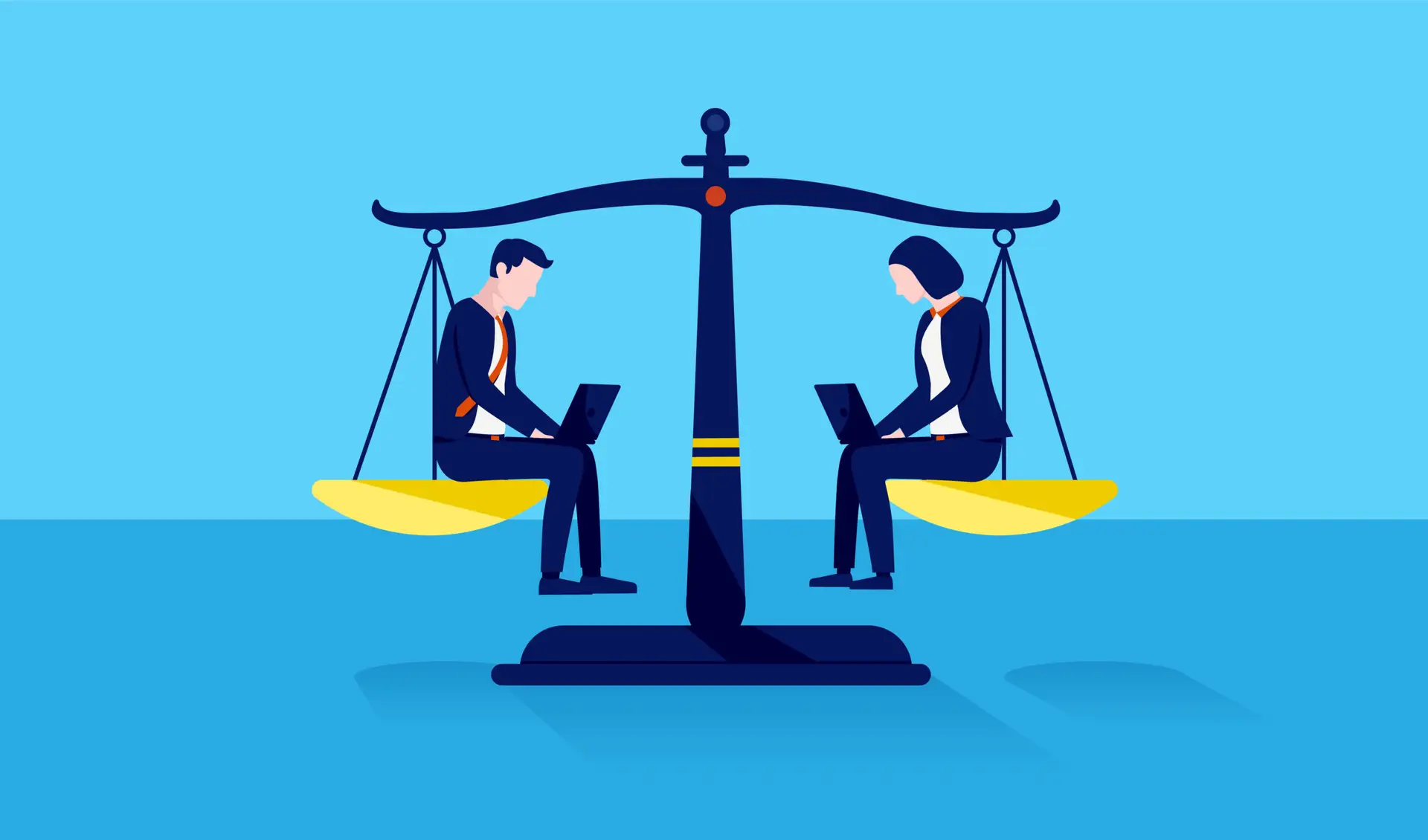 Gender equality in the workplace - Businessman and woman on scale with equal weight between the genders. Vector illustration.
