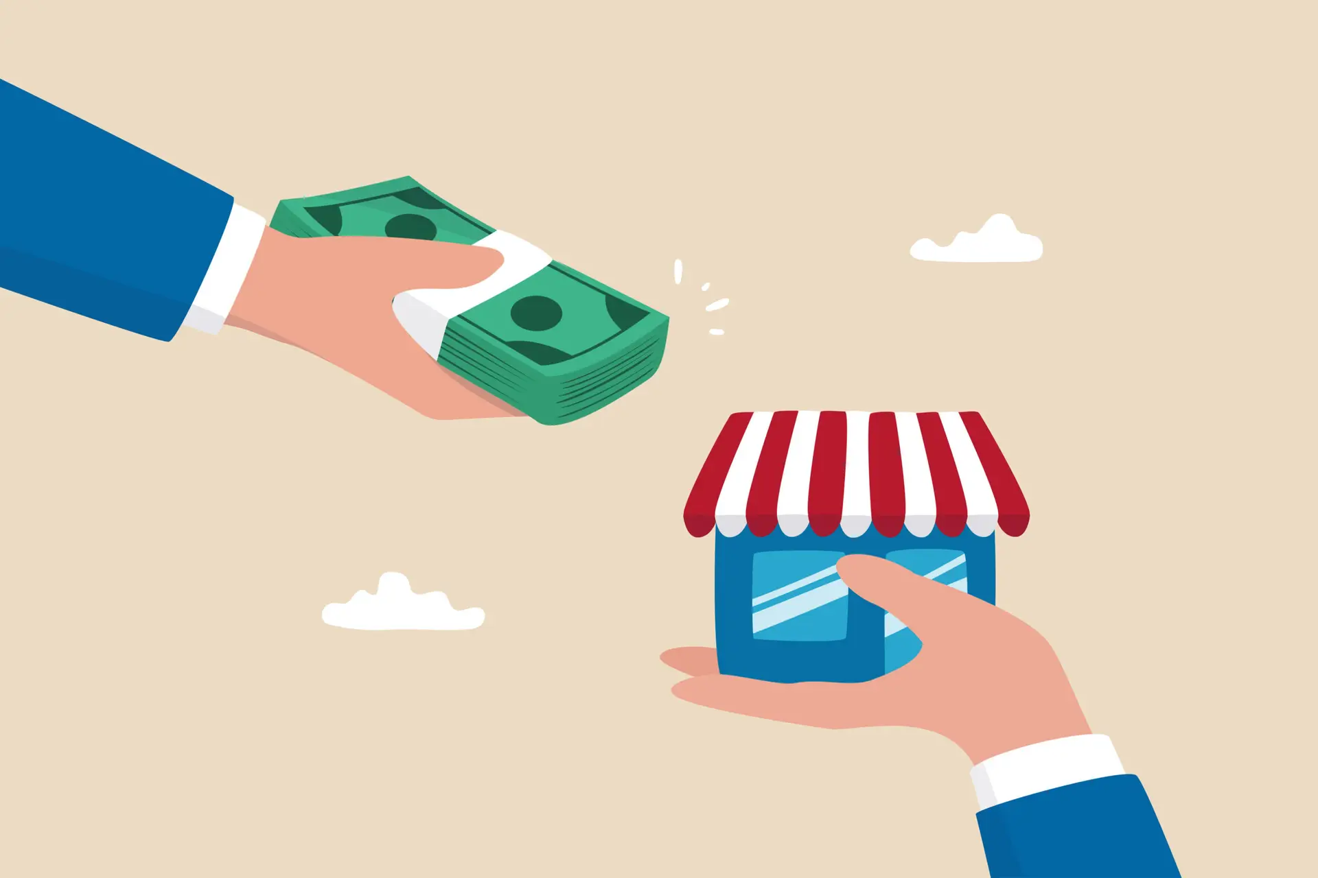 Company buyout, acquisition agreement or takeover, selling company offer or merger, franchise business concept, businessman offer money to buy other hand offer company or shop building.
