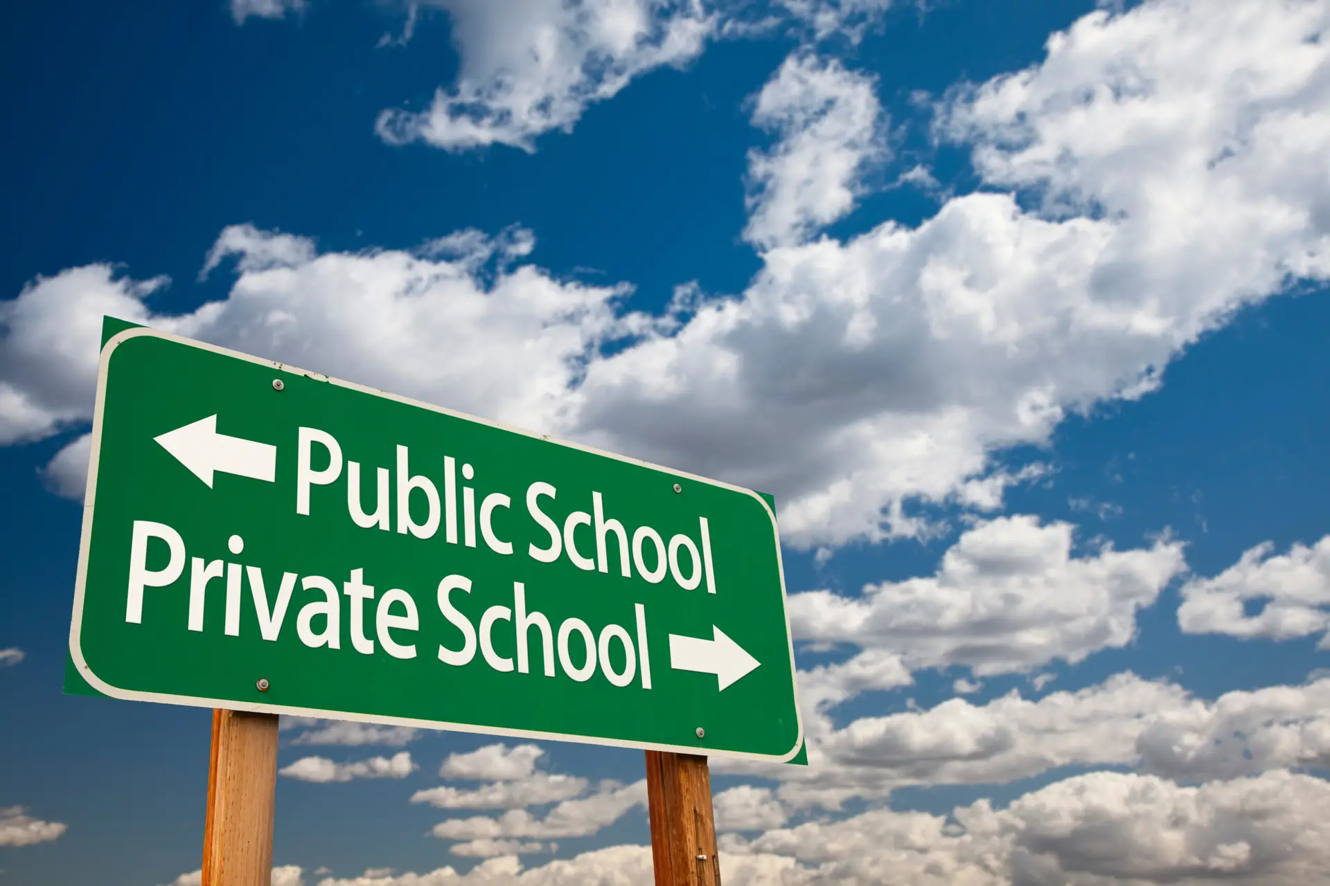 Public or Private School Green Road Sign Over Dramatic Clouds and Sky.