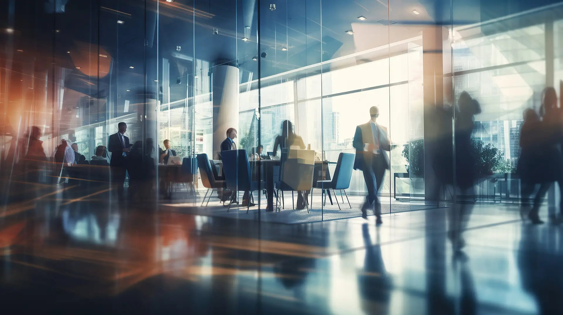 Blurred business people meeting in modern office building conference room, Generative AI