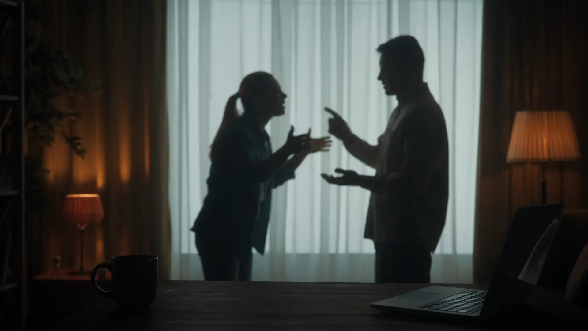 A man and a woman are arguing in the living room near the window. A silhouette of a couple arguing over the fact that the man spends too much time on the laptop.