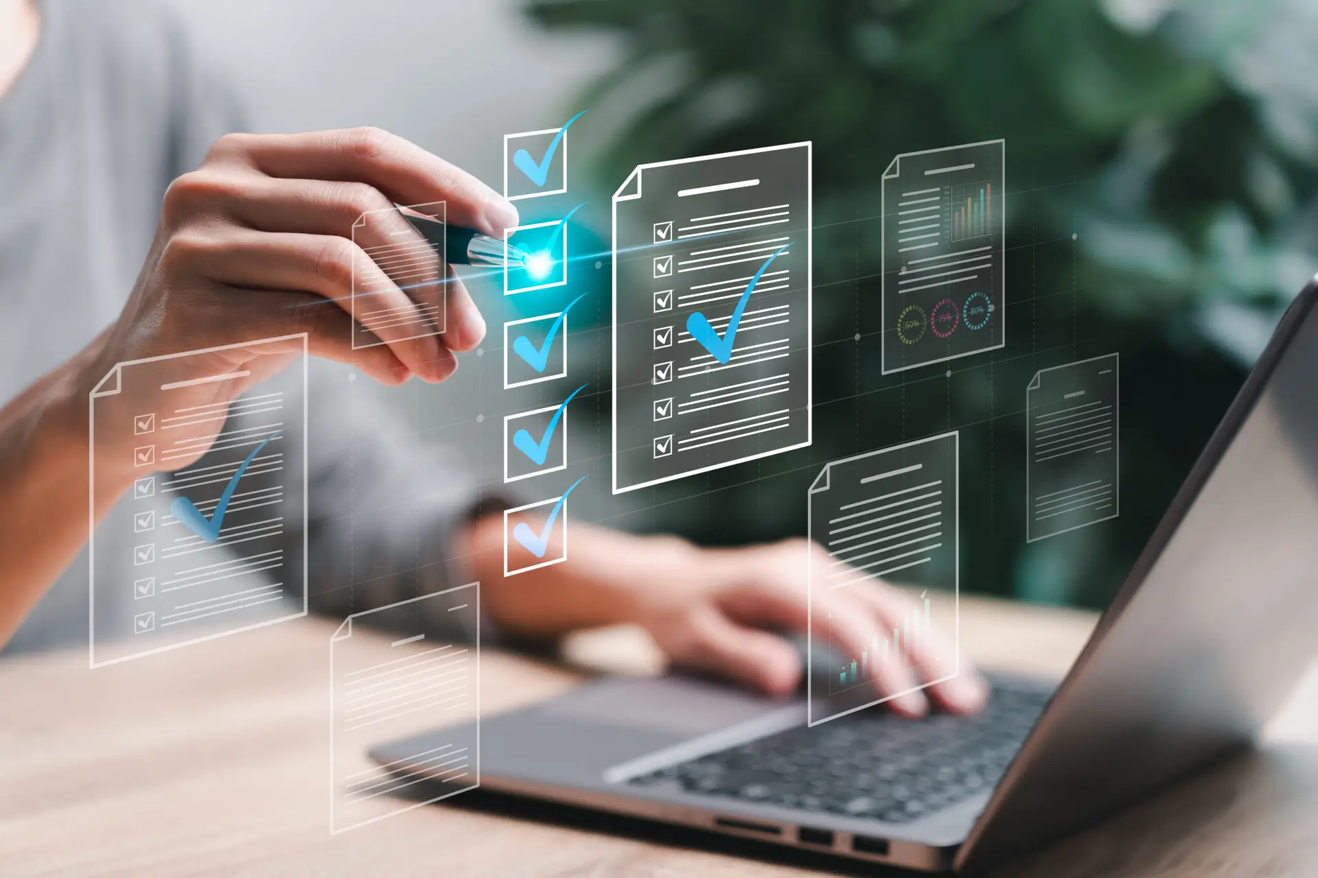 Document management concept, Businesswomen check electronic documents on digital documents on virtual screen Document Management System and process automation to efficiently document paperless operate