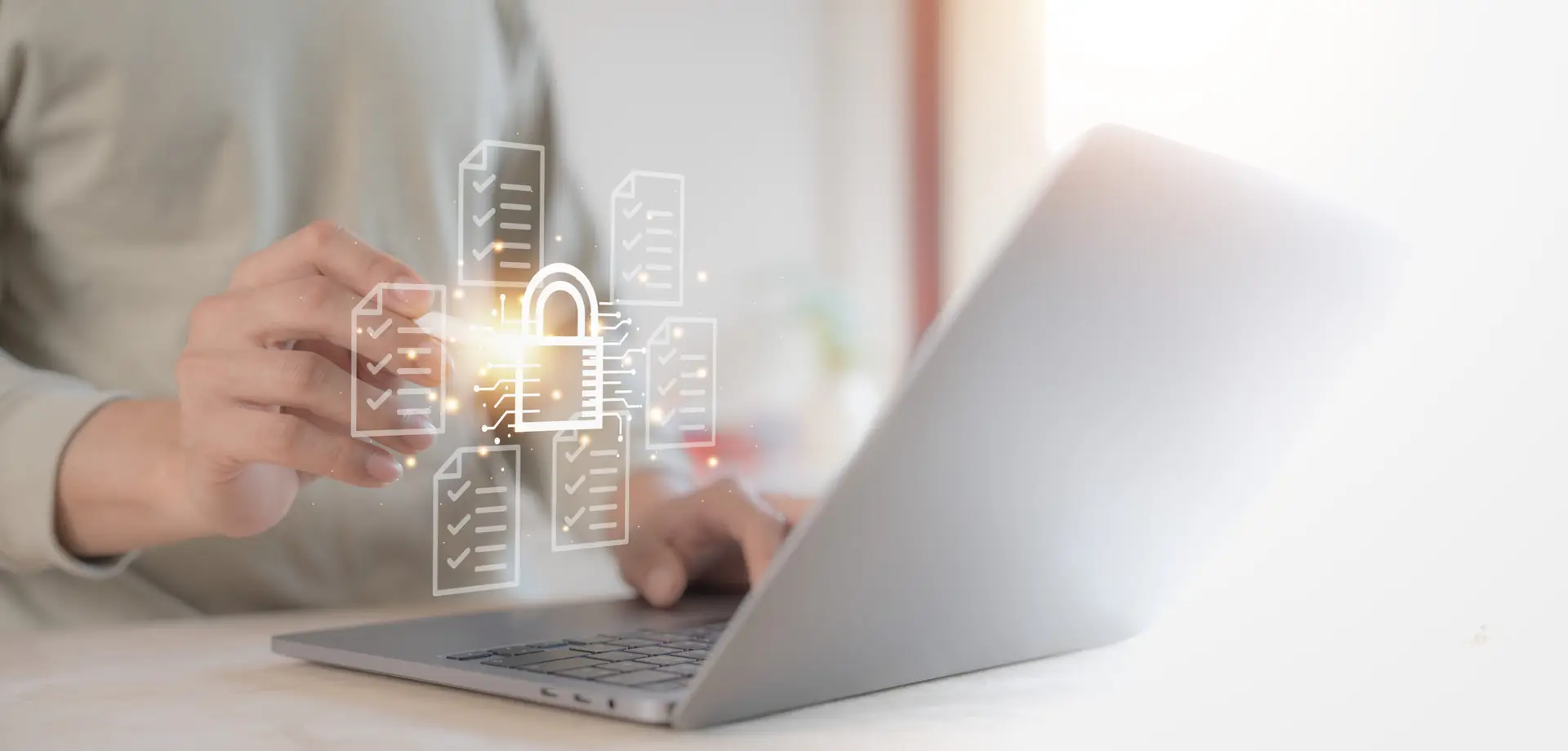 Business man holding and managed his cybersecurity and privacy to protect data by lock icon holographic technology.protecting personal data on laptops and virtual interfaces prevent mail from scammer