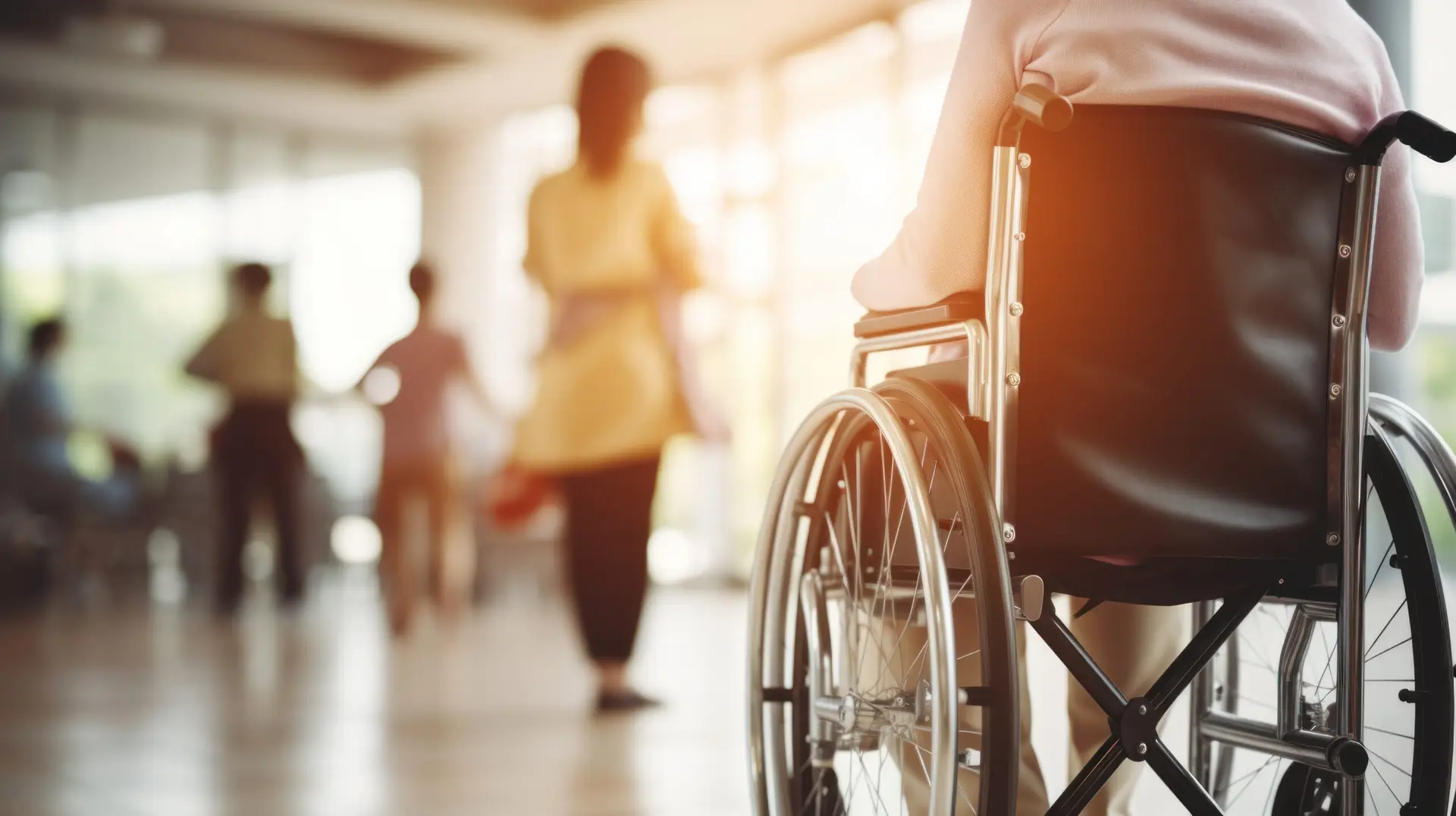Woman and nurse with patient on wheelchair for elderly care, support or trust at elderly home