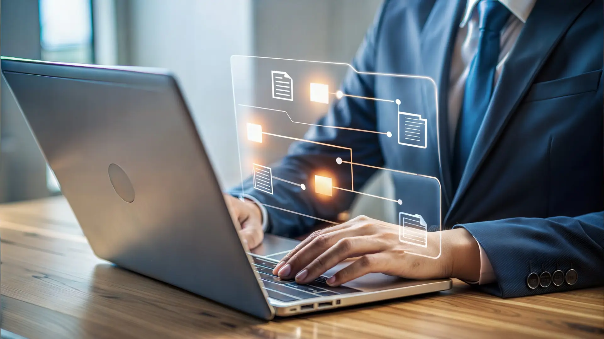 Document management concept. Person use laptop to paperless online approval for business process workflow illustrating management approval and project approve concept.