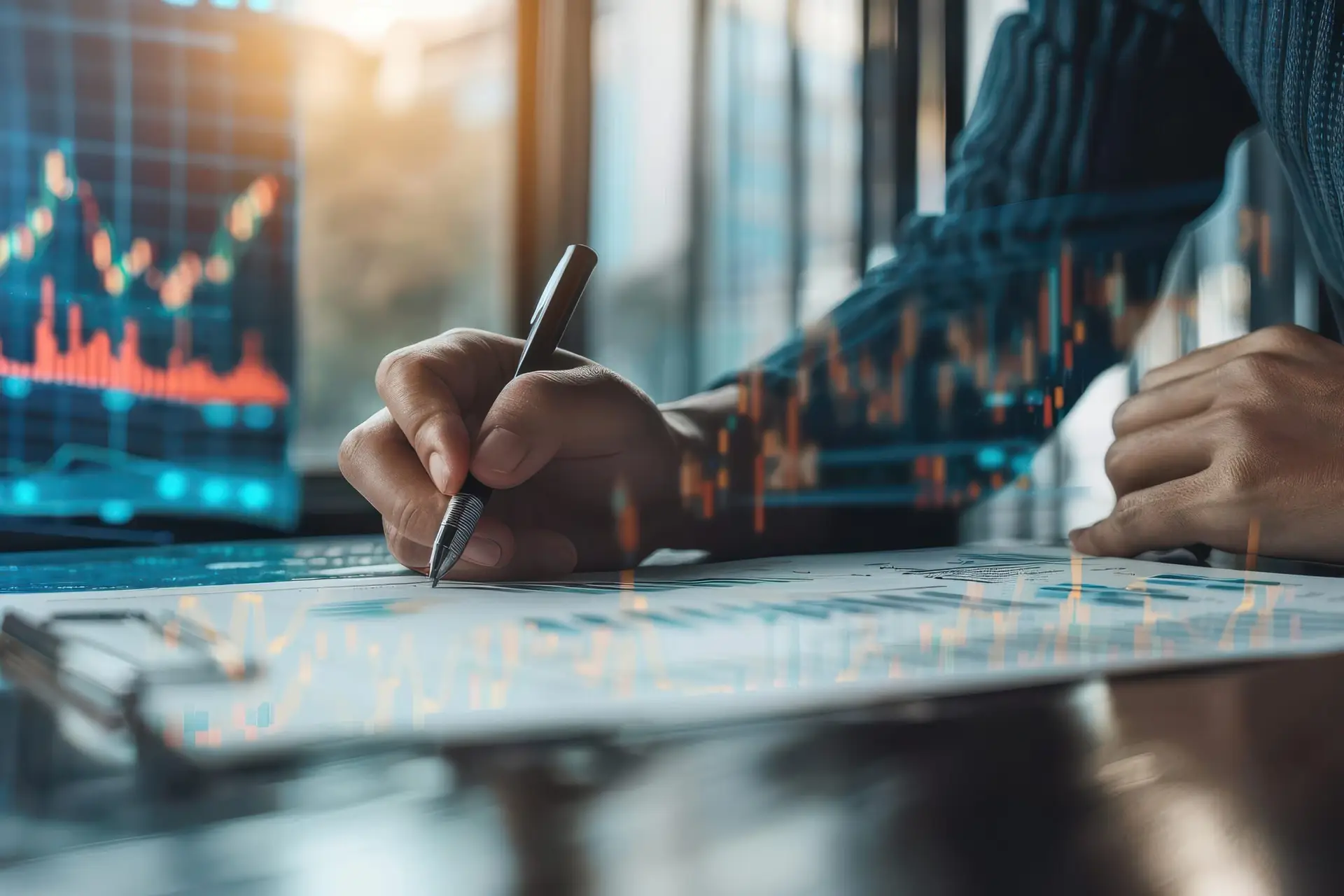 Business analyst reviews financial graphs and charts on paper and digital display, conducting market analysis and investment strategies.