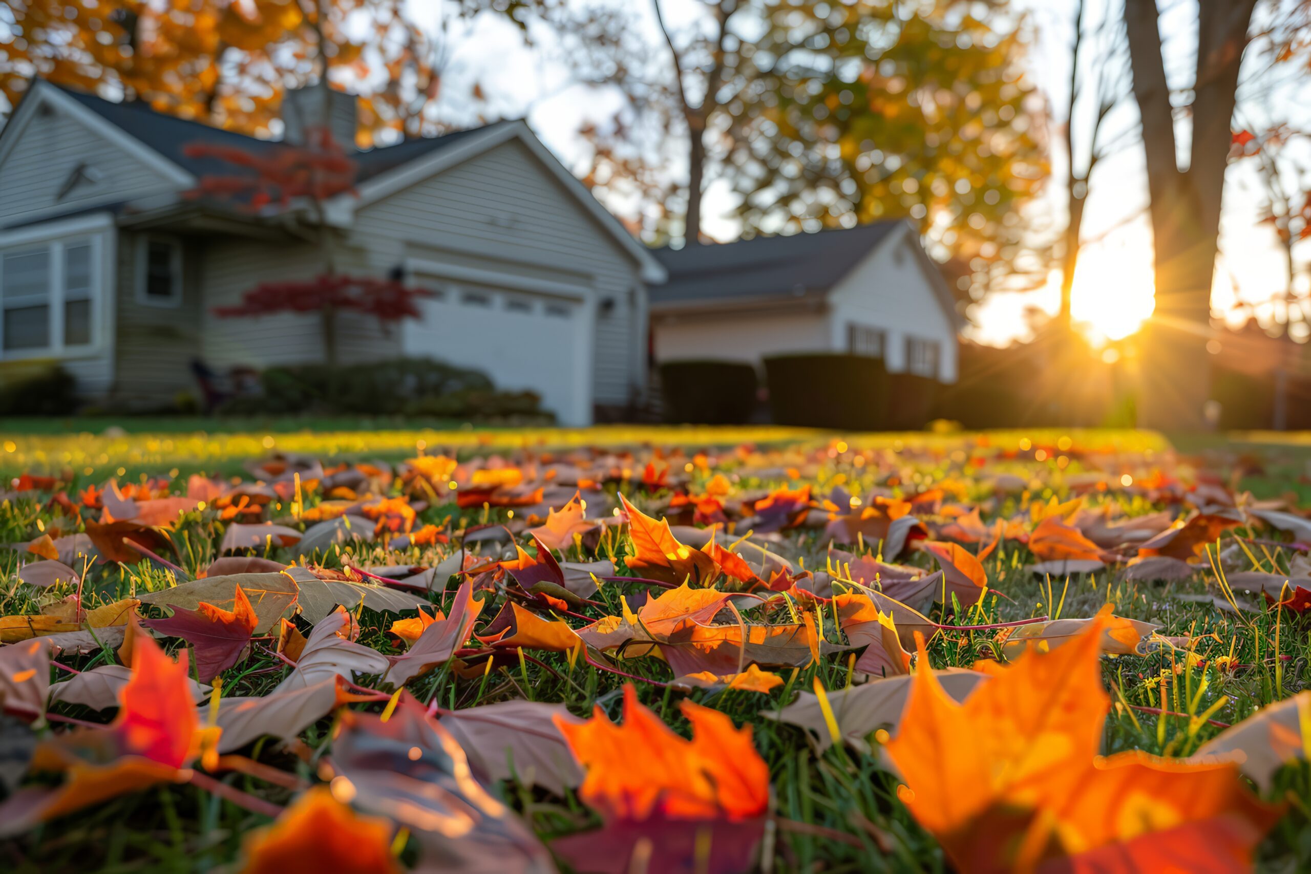 Autumn Leaves on Lawn with Sunset Glow