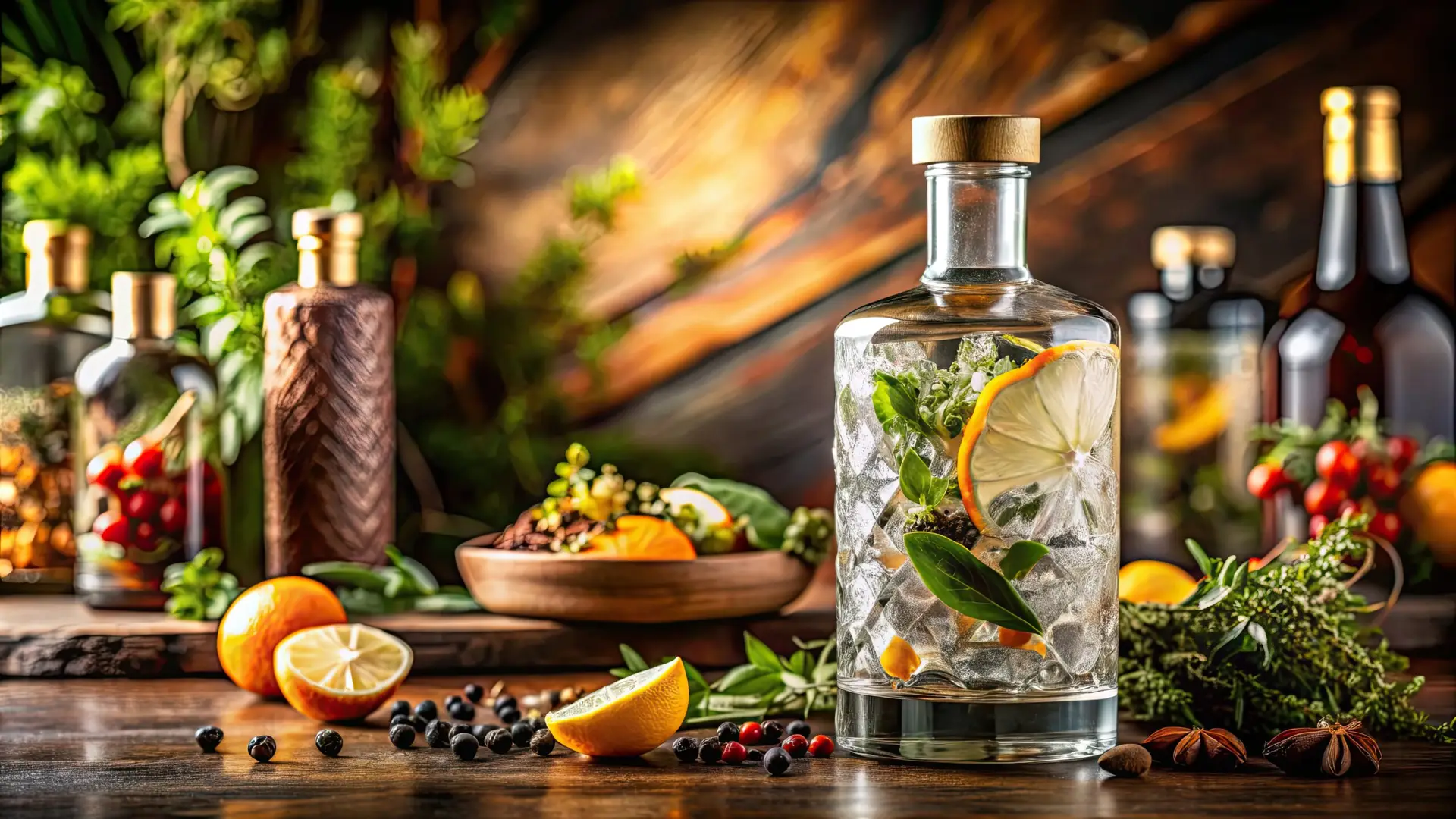 Sophisticated and elegant artisanal gin bottle amongst exquisite spirits