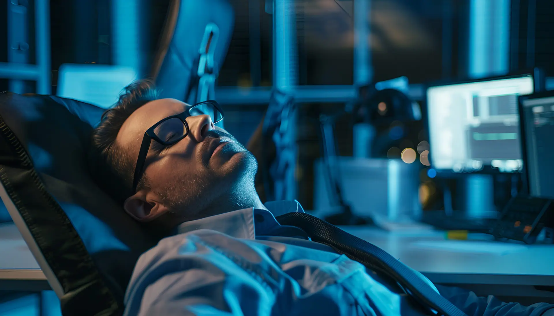 Tired security guard, cctv screen and stress headache from late shift in safety and video surveillance in office. Fatigue, digital monitor and exhausted man in control room for night work protection.