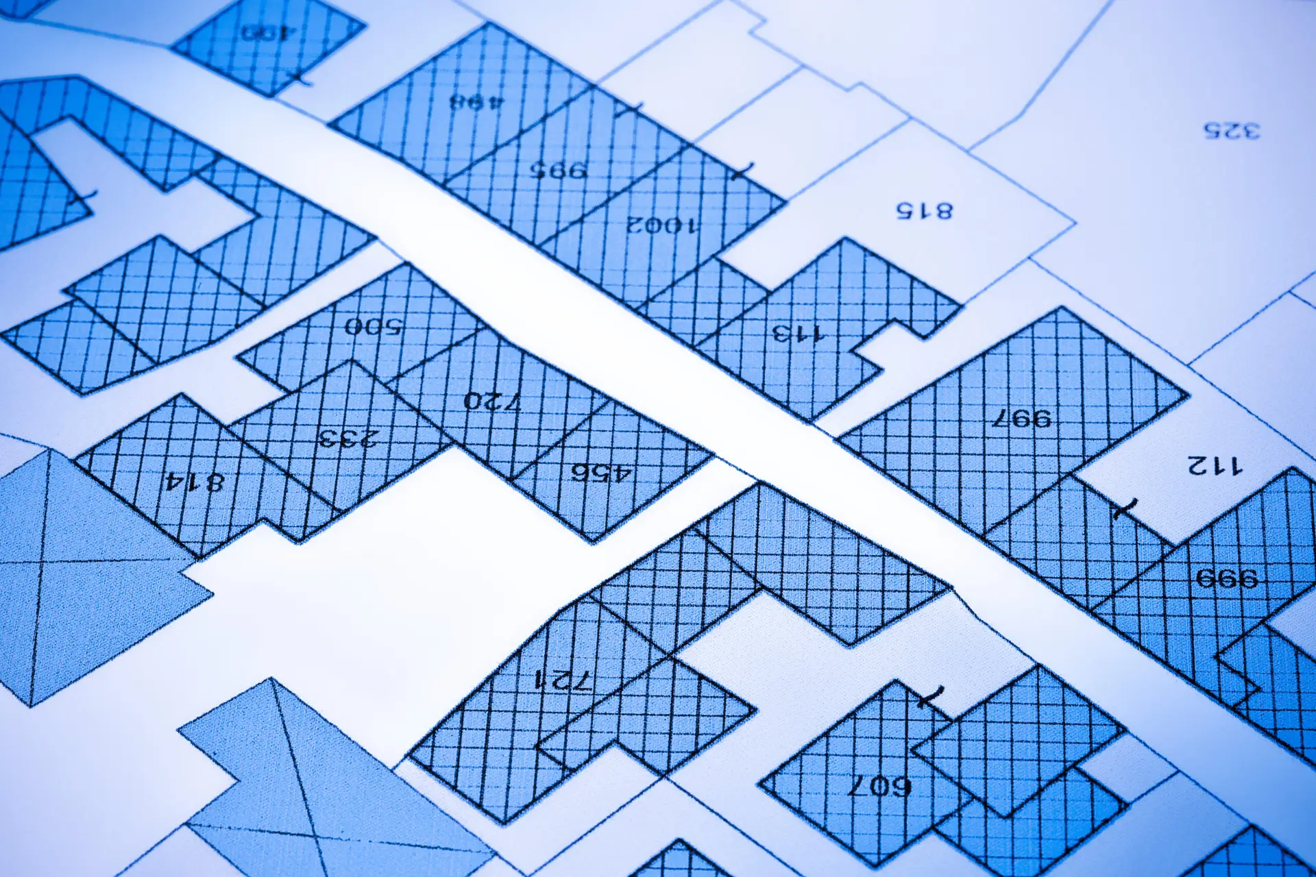 Imaginary cadastral map with buildings, land parcel and vacant plot - Land records and property registry with cadastre documentation and ownership parcel identification