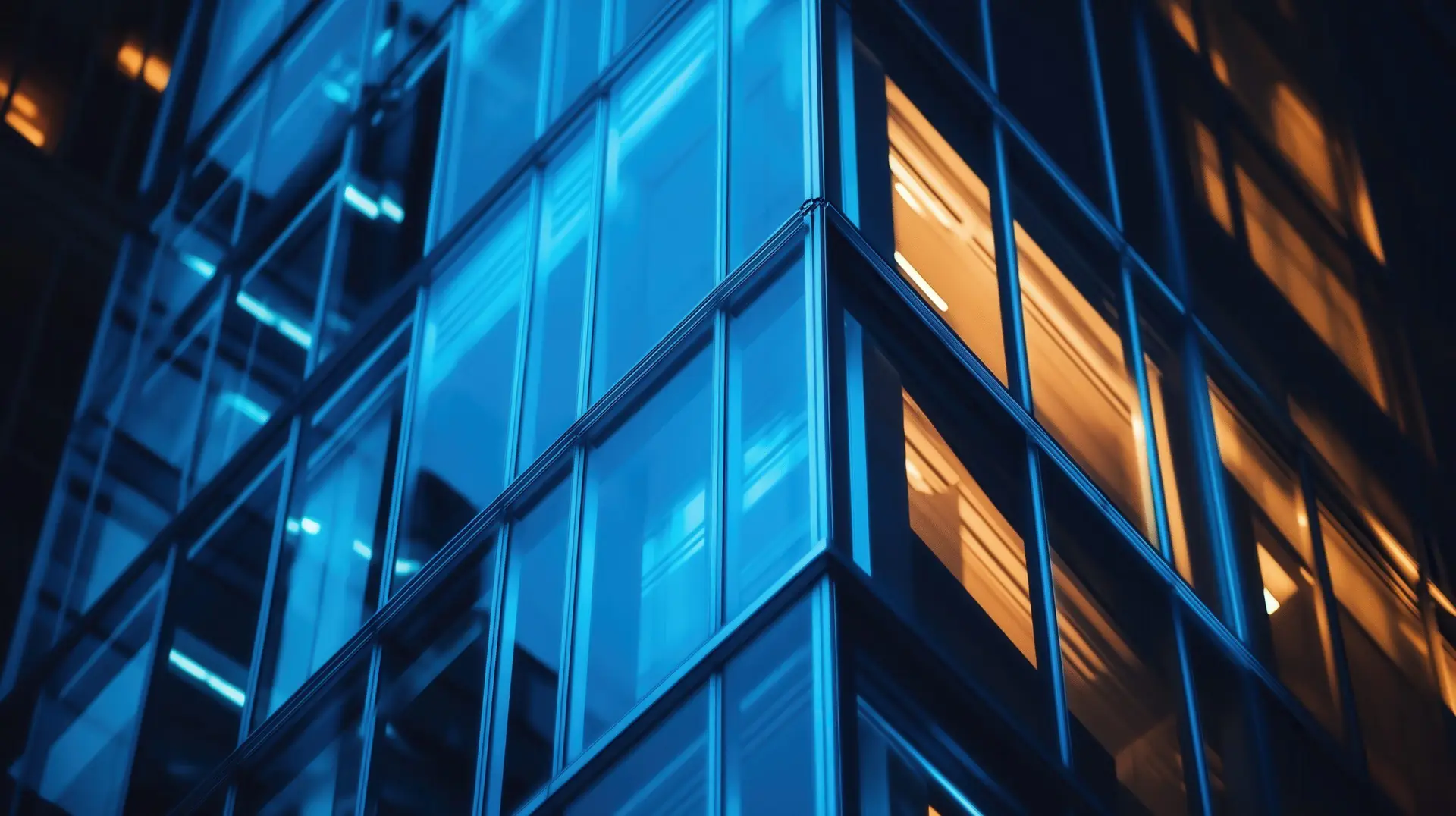 A tall building with a blue and orange tint. The blue and orange colors give the building a modern and futuristic look