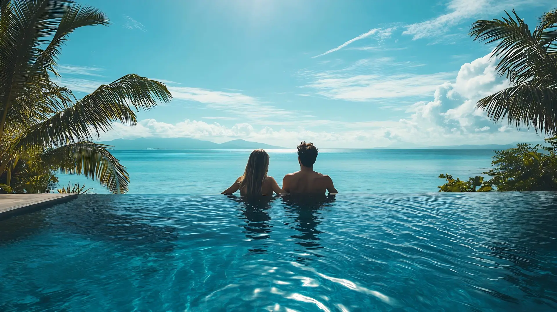 Happy couple in infinity pool at luxury hotel against ocean front enjoy in tropical resort Relaxing summer  travel holiday vacation  romance and weekend concept : Generative AI