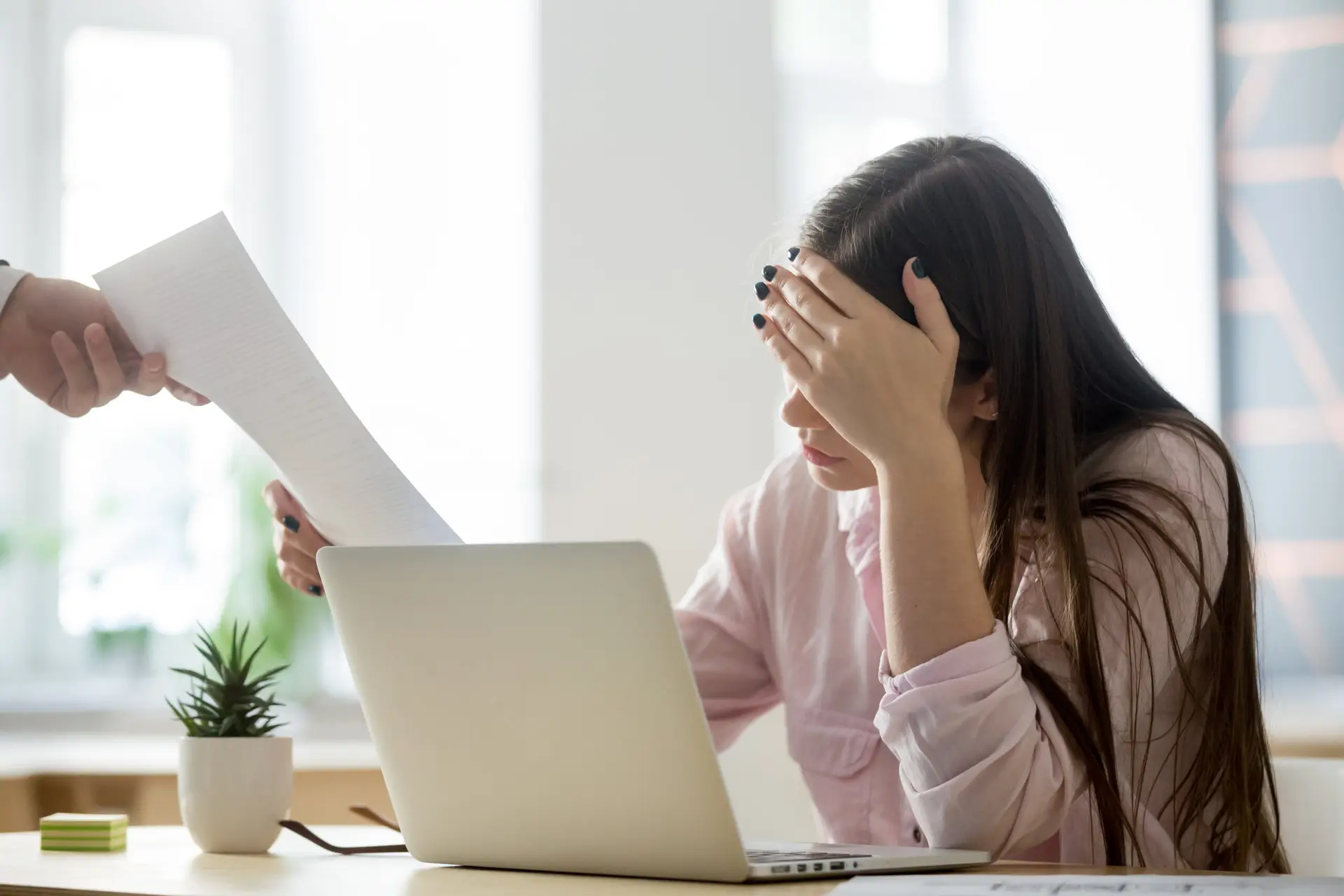 Frustrated female employee feeling upset receiving dismissal not