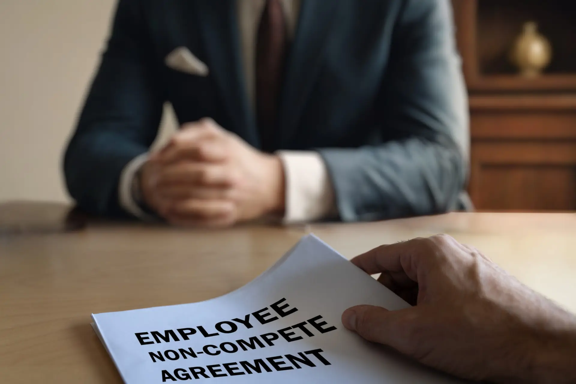 Employee Non-Compete Agreement Document Being Handed Over for Signature in a Corporate Office