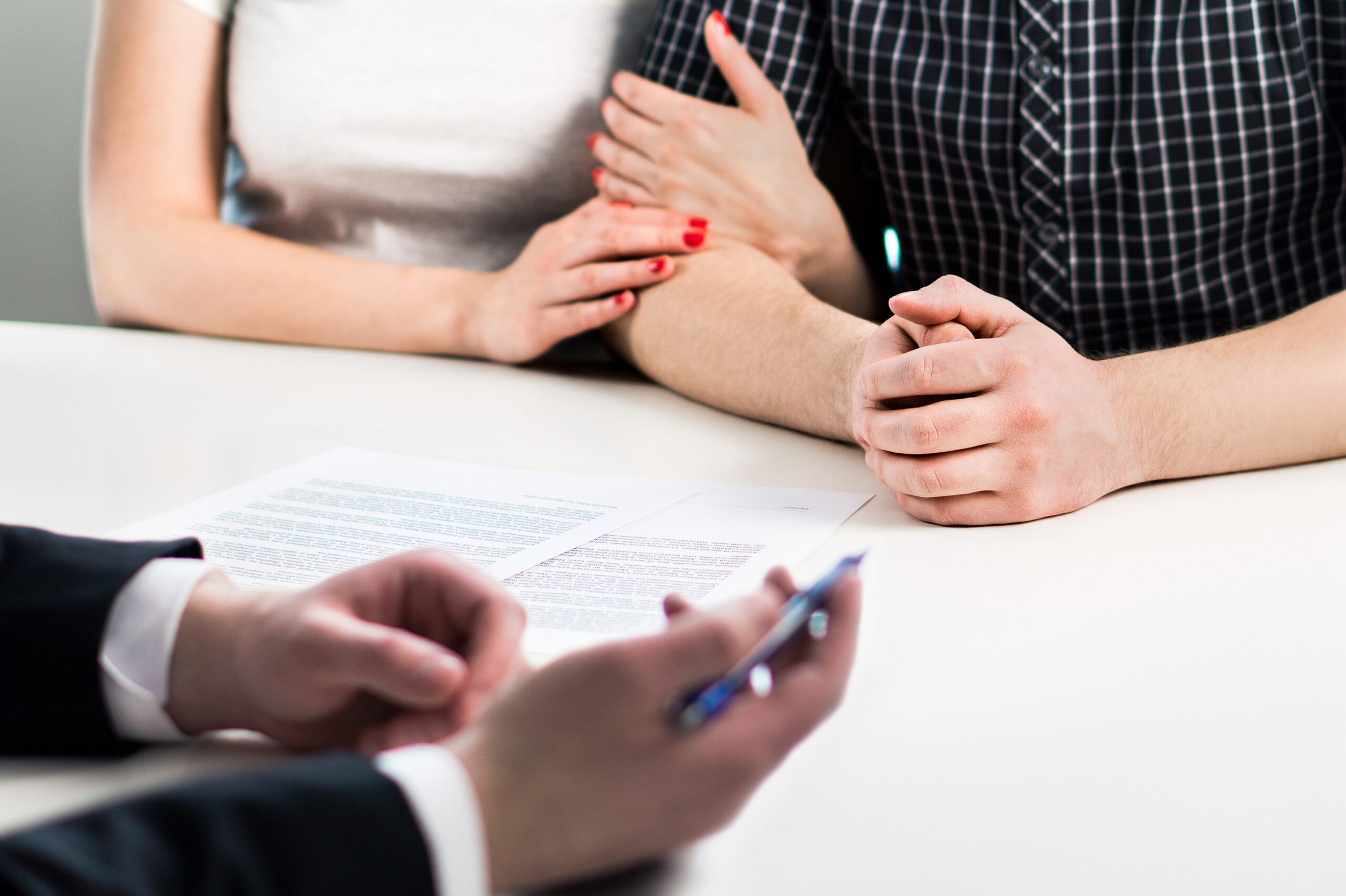 Couple in meeting with notary, financial advisor or lawyer. Life insurance contract, bank loan settlement or investment agreement. Agent, policy expert, broker or manager with clients. Plan and advice