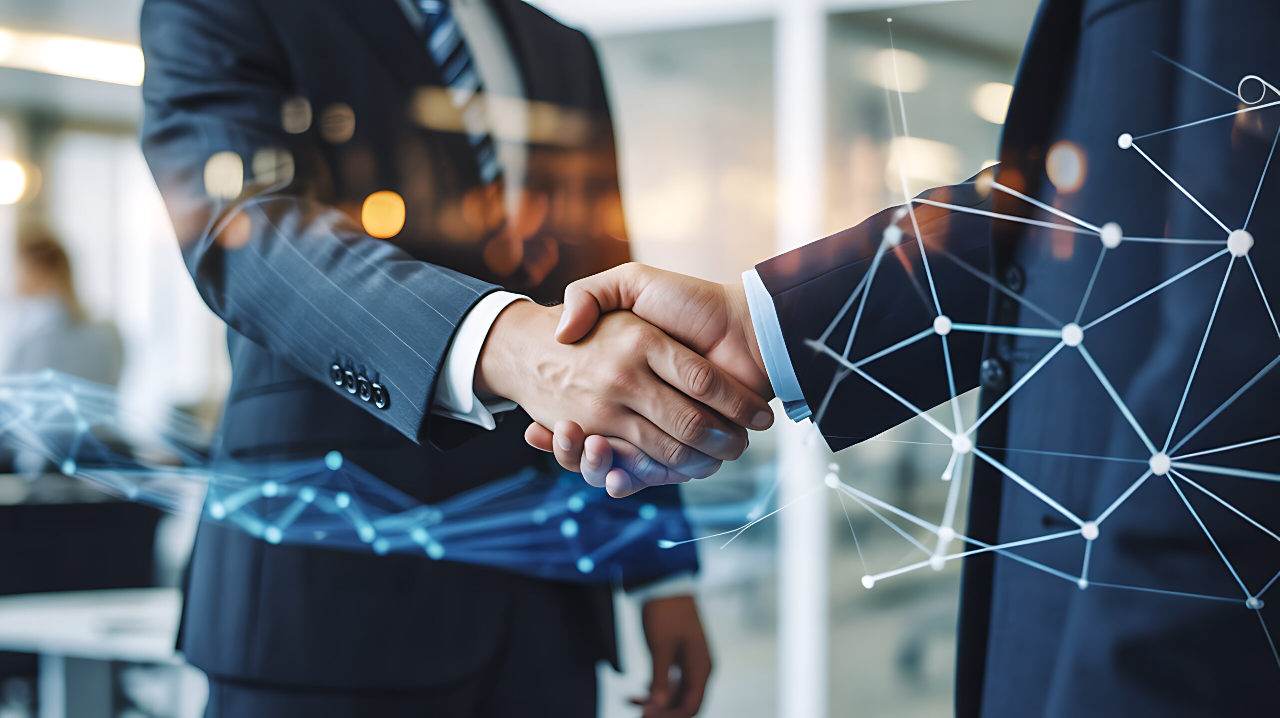 Business partnership handshake with digital network technology and corporate collaboration concept