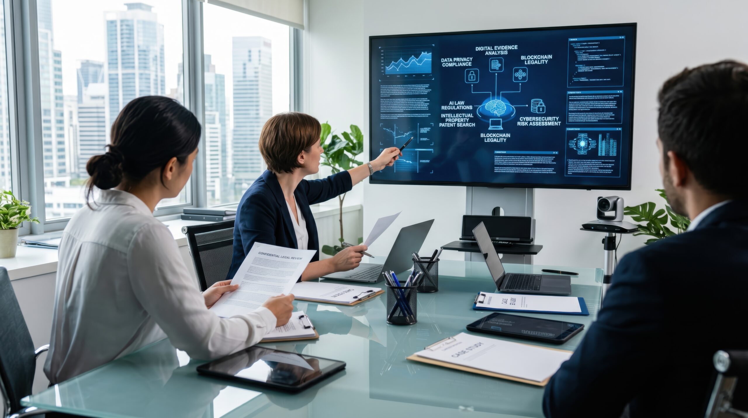 Business team analyzing blockchain and cybersecurity dashboard in modern office, strategic planning for digital transformation and fintech innovation