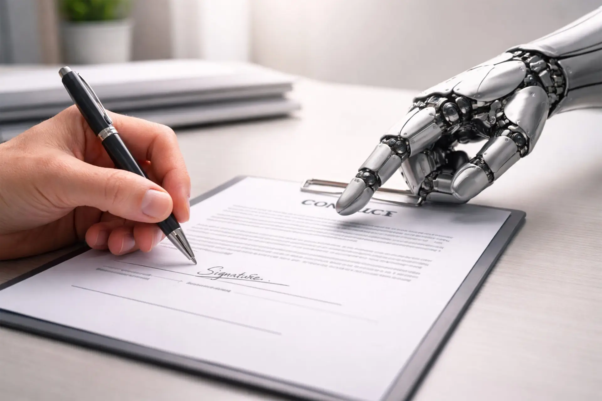 Steel robotic hand pointing to a signature line on a contract while a human hand holds a pen, symbolizing artificial intelligence in business and decision making, AI-generated image