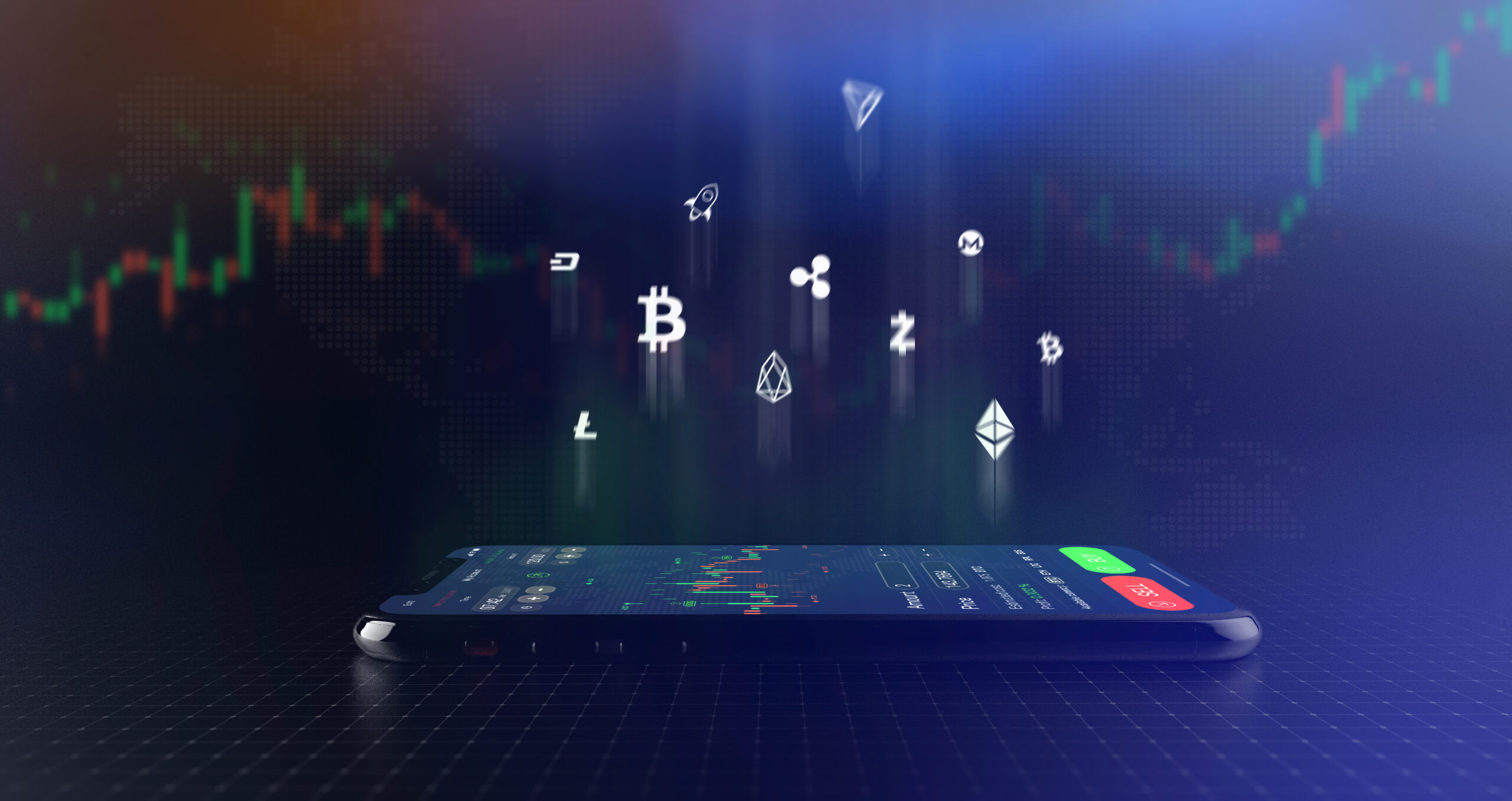 Futuristic stock exchange scene with crypto currency icons and s