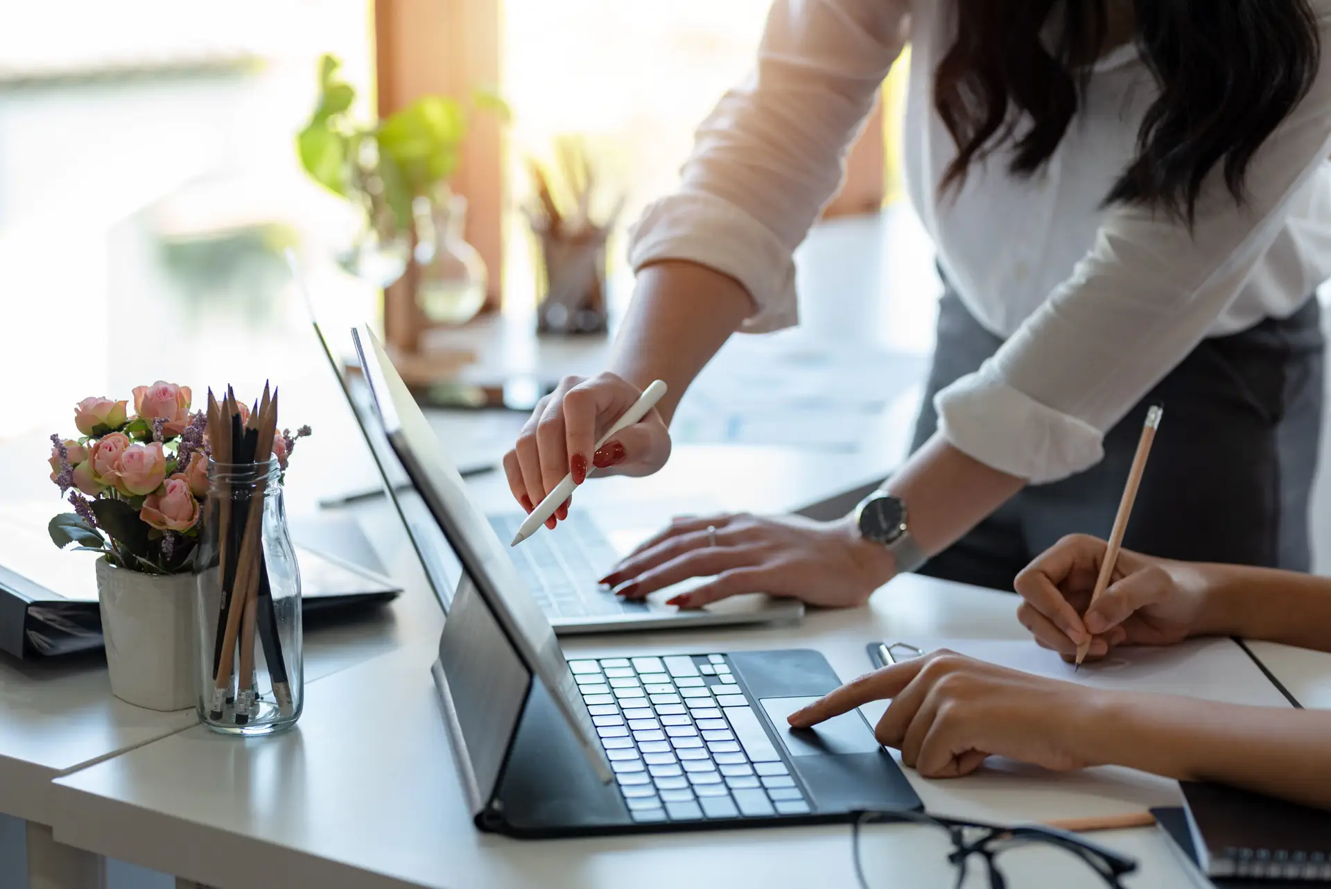 Teamwork process, business people working pointing laptop comput